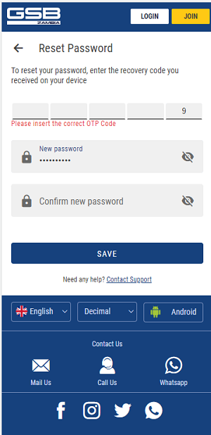 reset GSB Zambia password
